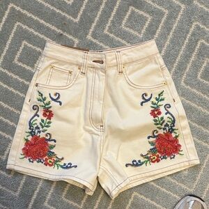 FARM Rio Cream High Waist Shorts with Floral Embroidery